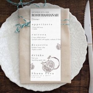 Rosh Hashanah pomegranate menu template. Jewish high holiday menu template. Rosh Hashanah download. Rosh Hashanah printable template. diy