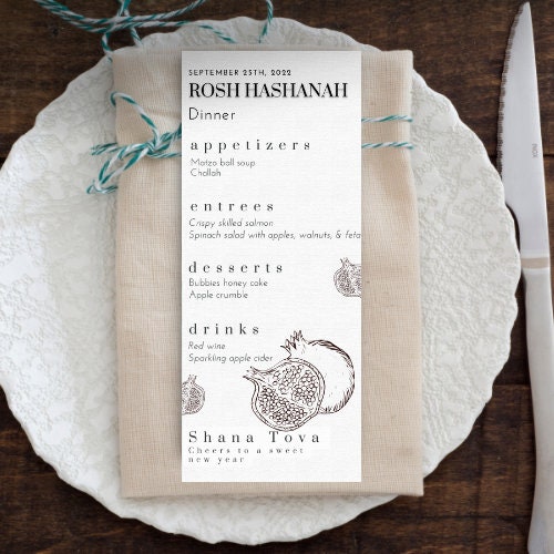 Rosh Hashanah Pomegranate Menu Template. Jewish High Holiday Menu