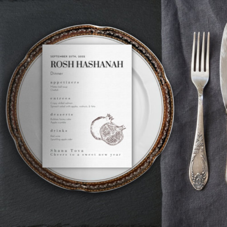 Rosh Hashanah Pomegranate Menu Template. Jewish High Holiday Menu ...