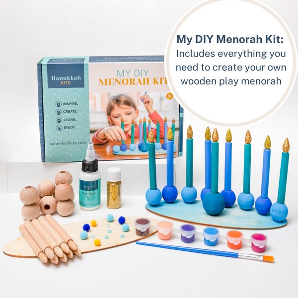 DIY Hanukkah craft kit. Kids play menorah. wooden menorah for hanukkah. Chanukah gift for kids. DIY Jewish craft. Hanukkah craft chanukia