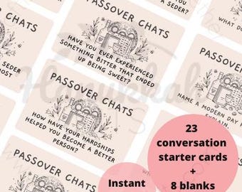 23 Printable Passover Conversation Starters, 8 blanks– Seder Table Topics, Icebreaker Game, Talking Points for Jewish Dinners & Gatherings.