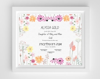 Jewish baby naming certificate template. Baby naming download. Simchat Bat, Brita, Zeved habat, ready to print and modify. diy birth