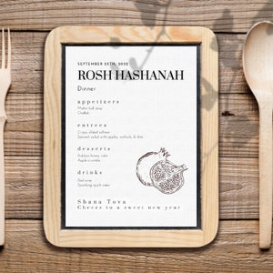 Rosh Hashanah pomegranate menu template. Jewish high holiday menu template. Rosh Hashanah download. Rosh Hashanah printable template. DIY