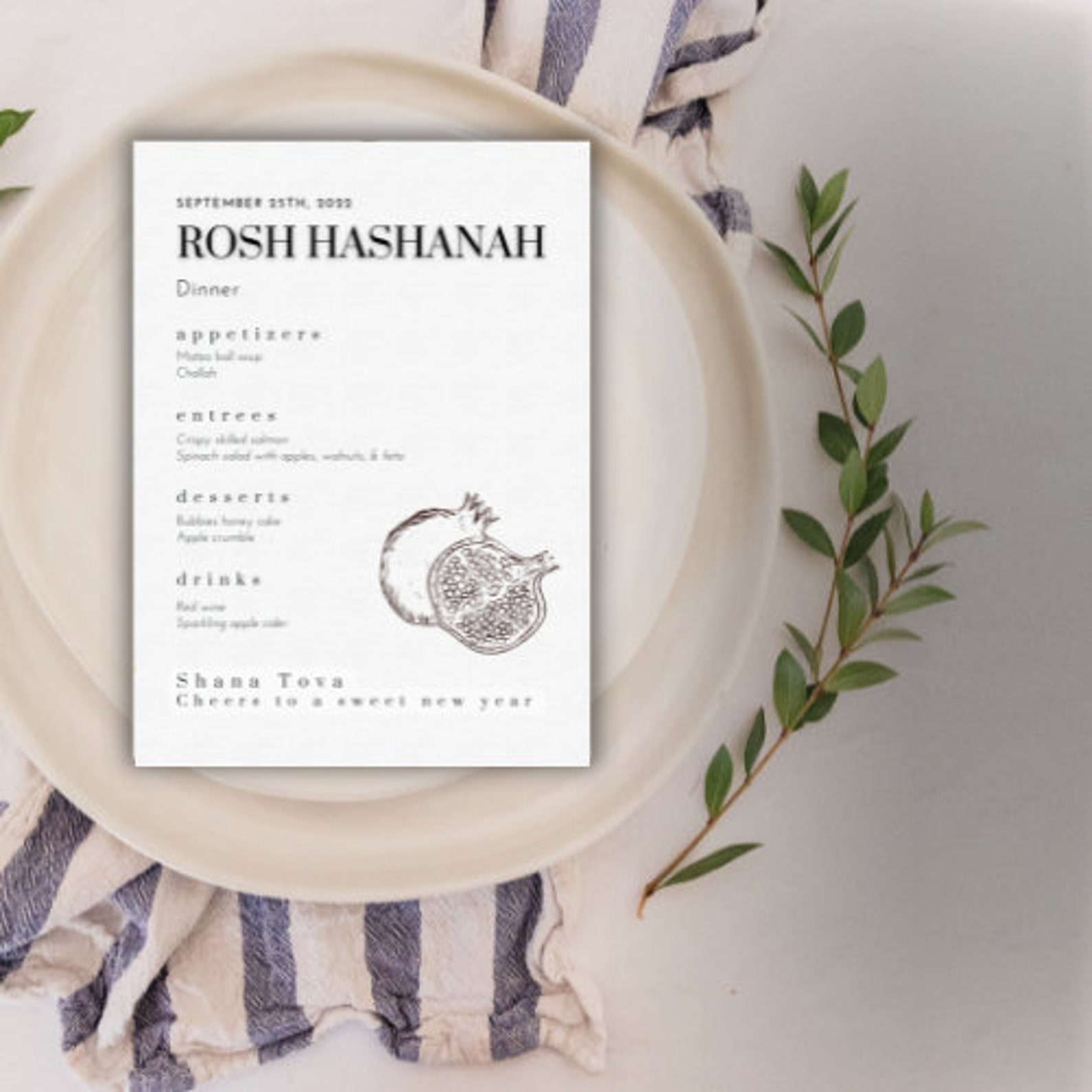 Rosh Hashanah Pomegranate Menu Template. Jewish High Holiday Menu ...