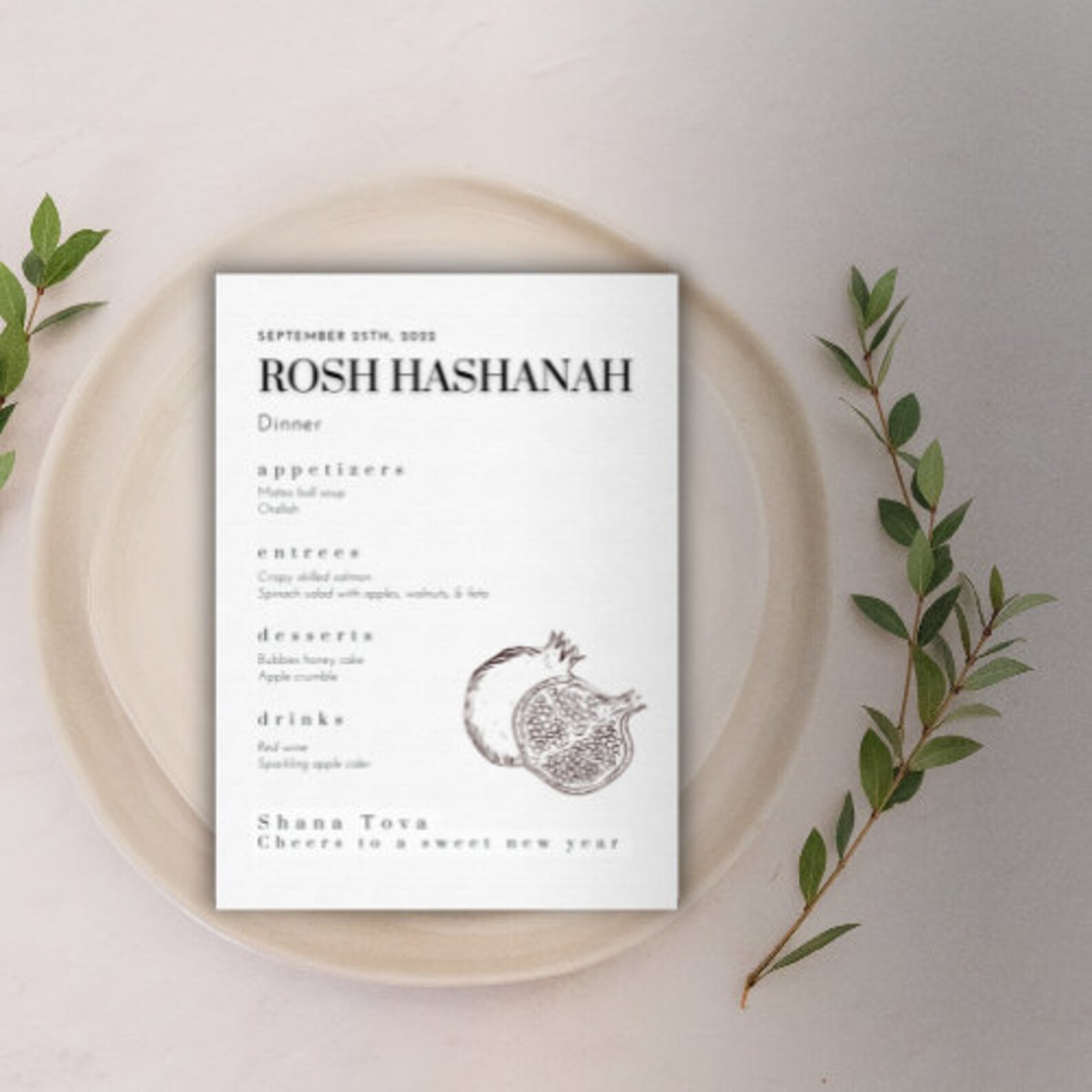 Rosh Hashanah Pomegranate Menu Template. Jewish High Holiday Menu ...