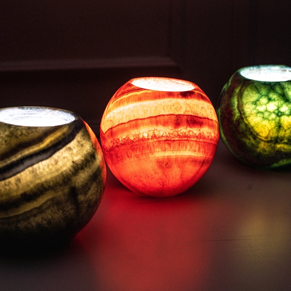 Egyptian Alabaster Candle Holder: Spherical Tea Light Lantern