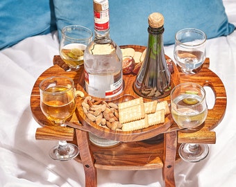 Handmade Wood Wine Picnic Table: Portable Drinking Desk & Cheese Caddy