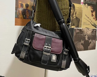Y2k Ladies Black Adjustable Leather Handle Casual Handbag,Punk Tote Bag,Trendy Tote Bag,Y2K Punk Bag,Y2k Vintage Armpit Bag,