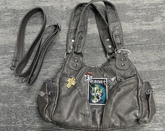 Y2k Grey Shoulder Bag With Strap,Punk Tote Bag,Trendy Tote Bag,Adjustable Leather Handle Bag,Y2k Vintage Armpit Bag,