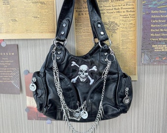 Y2k Patch Design Y2k bolso de hombro negro con correa, bolso de mano punk, bolso de mano de moda, bolso de mango de cuero ajustable, bolso de axila vintage Y2k,