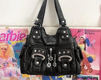 Y2k Black Shoulder Bag With Strap And Little Spider,Punk Tote Bag,Trendy Tote Bag,Adjustable Leather Handle Bag,Y2k Vintage Armpit Bag,