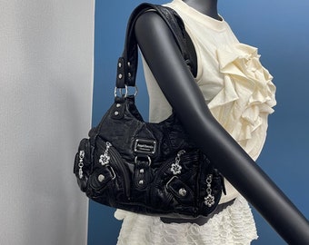 Y2k Damen Schwarze lässige Multifunktionstasche, Schulter-Messenger-Einkaufstasche, trendige Einkaufstasche, Y2K-Punk-Tasche, große Umhängetasche,