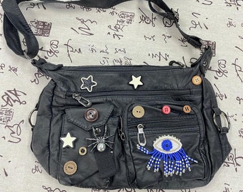 Retro Button Bottle Cap Vintage Patch Star Crossbody Bag,Unisex Evil Eye Super Cute Retro Button Bottle Cap Vintage Messenger Bag