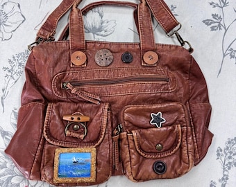 Retro handgemachte Vintage Patch Messenger Bag Star Bag Umhängetasche, verstellbare Leder Henkeltasche, Y2k Vintage Achseltasche,