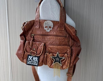 Y2k Skull Design Retro  Vintage Patch Messenger Bag Old Star Bag Crossbody Bag,Y2k Vintage Armpit Bag,