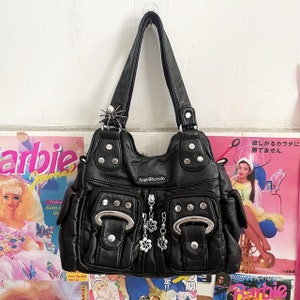 Y2k Black Shoulder Bag With Strap And Little Spider,Punk Tote Bag,Trendy Tote Bag,Adjustable Leather Handle Bag,Y2k Vintage Armpit Bag,