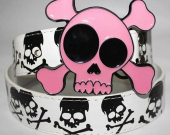 Pink Head Skull Buckle Belt,Hip Hop Waist Band,Y2K Gothic Rivet Buckle Belt,Y2K Streetwear Belt, Y2K Belt, Punk Belt,
