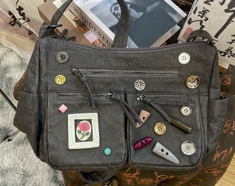 Vintage Button Washed Style Crossbody Bag,Niche Design Shoulder Bag, Retro Large Capacity Tote Bag,