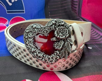 Y2K Punk Love Heart Leather White Belt,Trendy Waistband,Rock Belt Unisex,Y2K Gothic Rivet Buckle Belt,