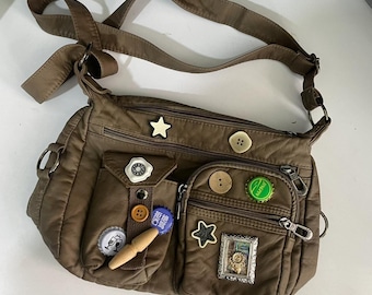 Retro Button Bottle Cap Shoulder Bag, Hot Girl Patch Messenger Bag, Distressed Design Star Pattern Crossbody Bag