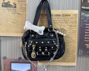 Black Vintage y2K Style Handmade Bag Small Gem Soft Leather y2K Hot Girl Subculture Crossbody Bag