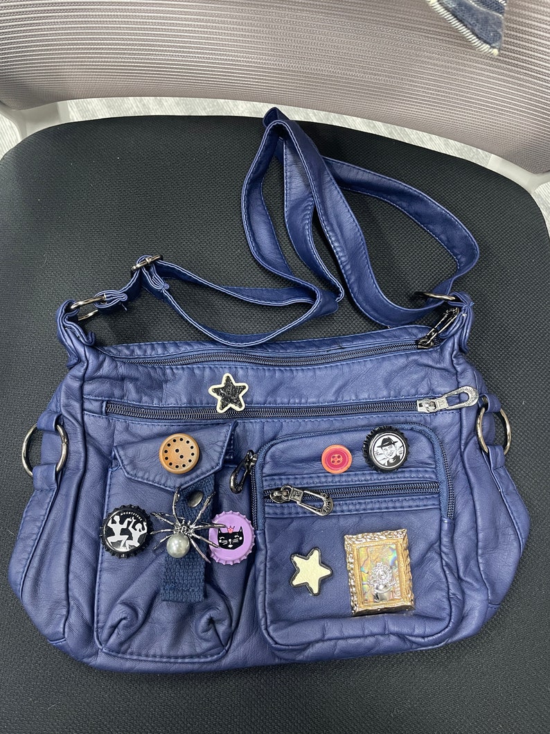 Sac à bandoulière rétro avec bouchon de bouteille, sac messager pour fille tendance, sac à bandoulière motif étoile effet vieilli Bleu