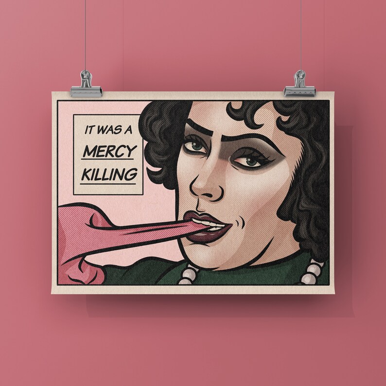 Puede incluir: Una ilustraci&oacute;n de estilo c&oacute;mic de una persona con cabello oscuro y maquillaje de ojos oscuro. La persona est&aacute; mordiendo una lengua rosa que sobresale de su boca. El texto "IT WAS A MERCY KILLING" est&aacute; en un cuadro blanco en la esquina superior izquierda de la imagen.