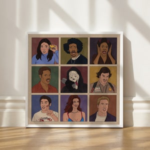 Pu&ograve; includere: Un'illustrazione incorniciata di nove personaggi di film horror e commedie popolari. I personaggi sono disposti in una griglia 3x3. I personaggi includono Ghostface, Randy Meeks, Sidney Prescott,  Billy Loomis, Stu Macher,  e  i personaggi del film 'Scream'.