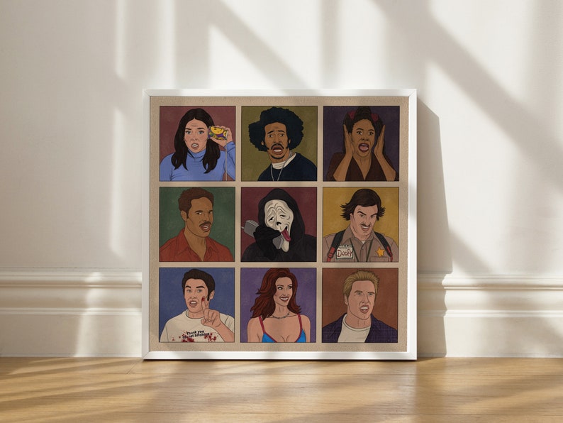 Pu&ograve; includere: Un'illustrazione incorniciata di nove personaggi di film horror e commedie popolari. I personaggi sono disposti in una griglia 3x3. I personaggi includono Ghostface, Randy Meeks, Sidney Prescott,  Billy Loomis, Stu Macher,  e  i personaggi del film 'Scream'.
