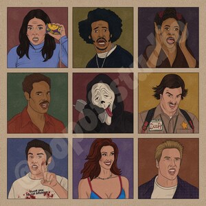 Pu&ograve; includere: Un collage di nove ritratti illustrati di personaggi di film horror e comici popolari. I personaggi includono Ghostface, una figura mascherata del franchise Scream, un personaggio del film 'Doofy' e un personaggio del film 'Scream'.