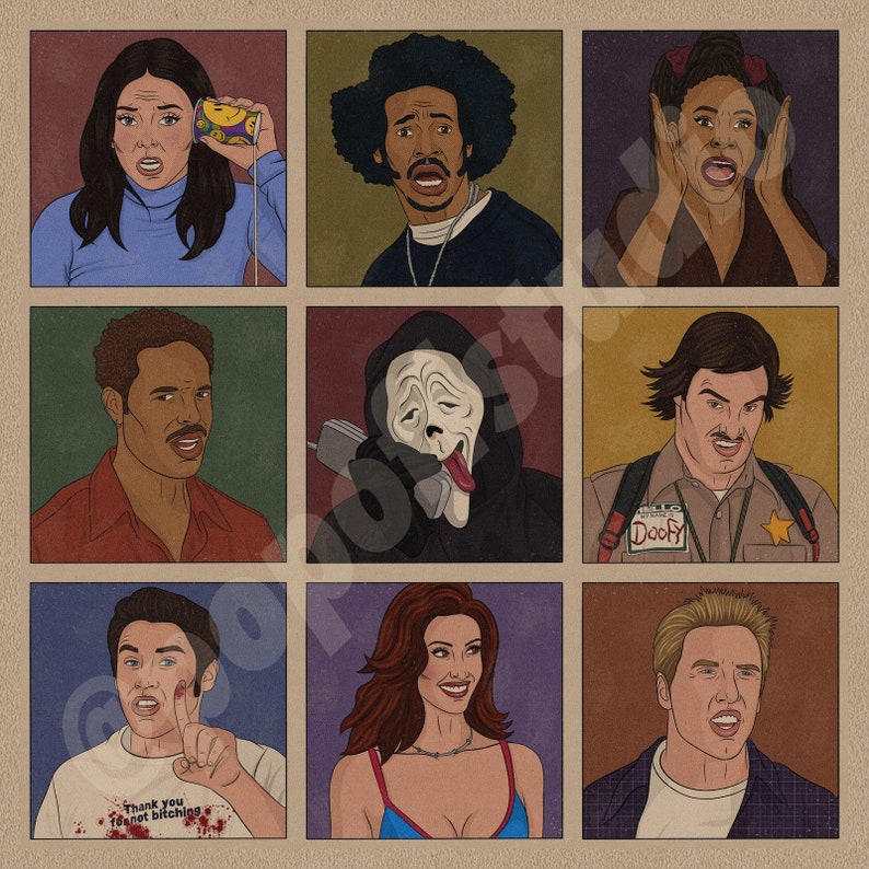 Pu&ograve; includere: Un collage di nove ritratti illustrati di personaggi di film horror e comici popolari. I personaggi includono Ghostface, una figura mascherata del franchise Scream, un personaggio del film 'Doofy' e un personaggio del film 'Scream'.