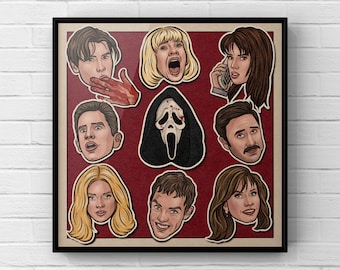 Scream Movie Characters Print | Horror Movie Poster | Retro Wall Art | Ghostface Artwork | 90s Movie