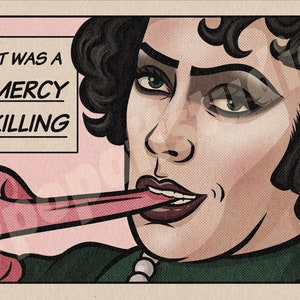 Puede incluir: Una ilustraci&oacute;n al estilo de c&oacute;mic de una persona con cabello oscuro y maquillaje intenso. La persona est&aacute; sacando la lengua y el texto "IT WAS A MERCY KILLING" est&aacute; en un globo de di&aacute;logo.