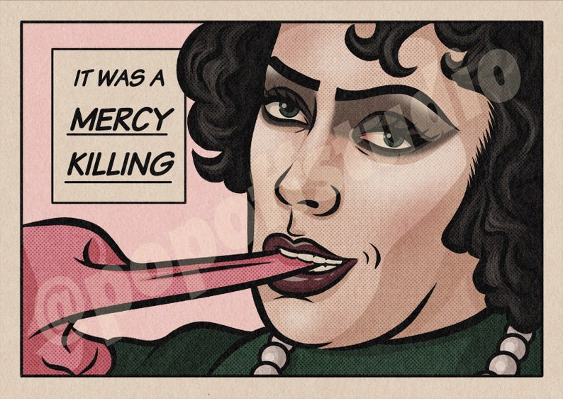 Puede incluir: Una ilustraci&oacute;n al estilo de c&oacute;mic de una persona con cabello oscuro y maquillaje intenso. La persona est&aacute; sacando la lengua y el texto "IT WAS A MERCY KILLING" est&aacute; en un globo de di&aacute;logo.