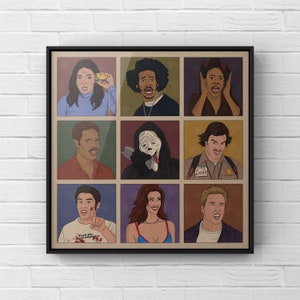 Pu&ograve; includere: Un poster in stile vintage con nove personaggi iconici di film popolari. Il poster ha uno sfondo marrone con ogni personaggio in un quadrato separato. I personaggi includono: una donna al telefono, un uomo con una bandana, una donna che si copre le orecchie, un uomo con i baffi, una figura mascherata, un uomo in uniforme, un uomo con un segno di pace, una donna in bikini e un uomo con un'espressione sorpresa.