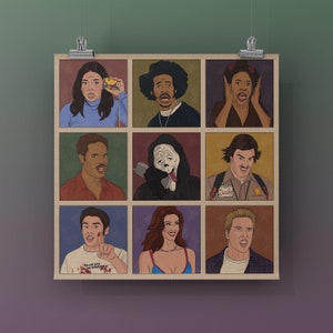Pu&ograve; includere: Un collage di nove ritratti illustrati di personaggi di film horror e commedie popolari. I personaggi includono Ghostface, Sidney Prescott, Randy Meeks, Billy Loomis, Stu Macher e Doofy del franchise Scream, e i personaggi del film 'So cosa hai fatto la scorsa estate'.