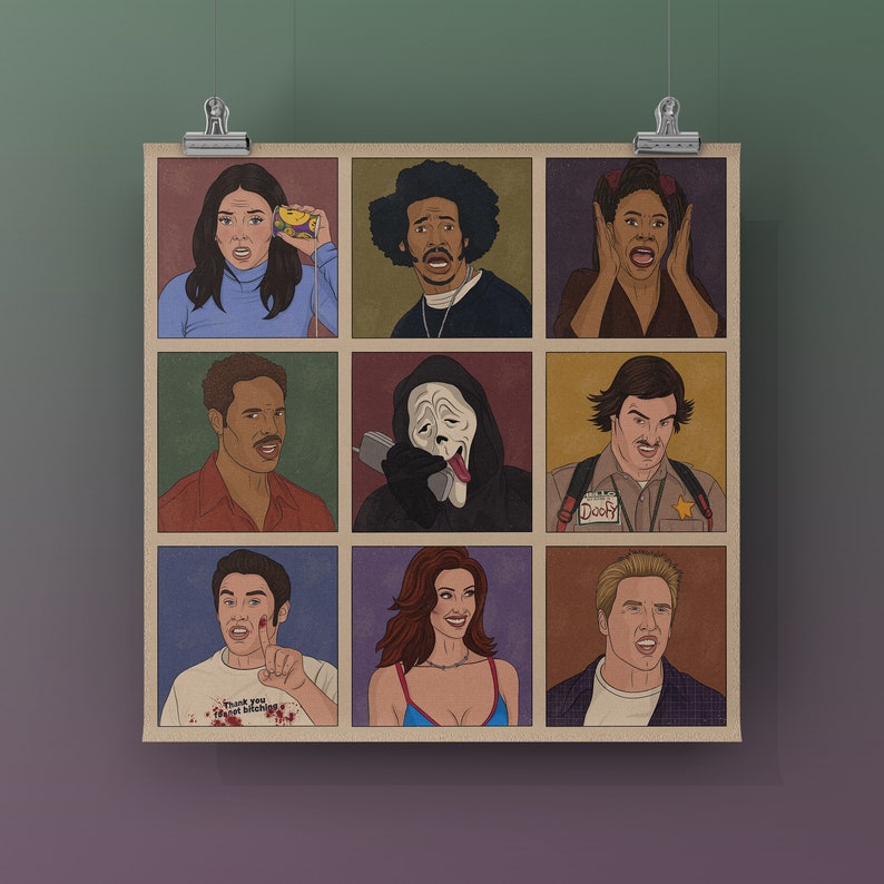 Pu&ograve; includere: Un collage di nove ritratti illustrati di personaggi di film horror e commedie popolari. I personaggi includono Ghostface, Sidney Prescott, Randy Meeks, Billy Loomis, Stu Macher e Doofy del franchise Scream, e i personaggi del film 'So cosa hai fatto la scorsa estate'.