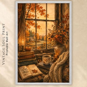 May include: A vertical wall art print featuring a window view of an autumn landscape with orange trees. A stack of books, an open book with a maple leaf, a ceramic mug, a vase with dried flowers, a candle, and a knit blanket sit on the sill.