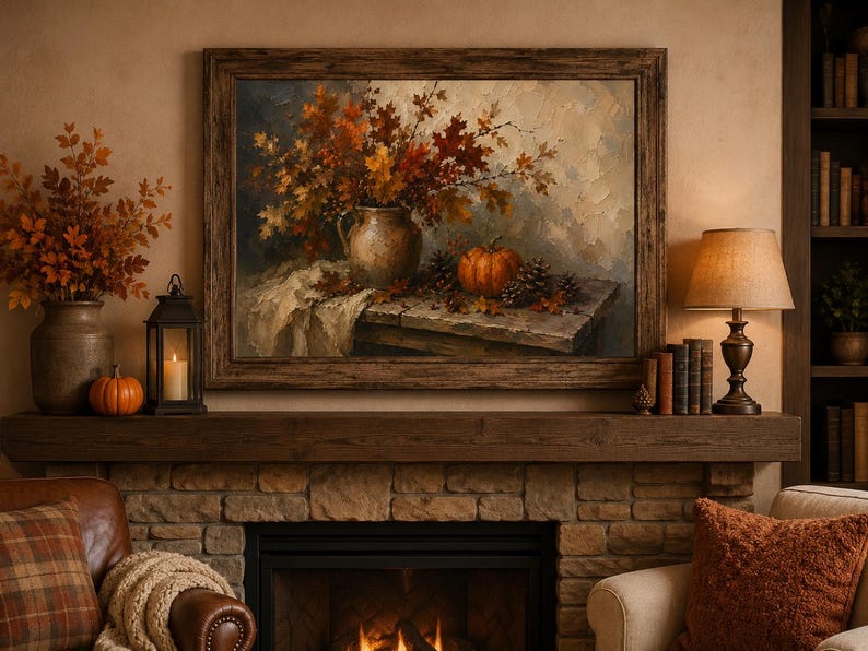May include: A framed oil painting depicting a rustic still life scene with a ceramic pitcher filled with autumn leaves, a single orange pumpkin, and pinecones resting on a wooden table, rendered in warm, textured brushstrokes of brown and gold.