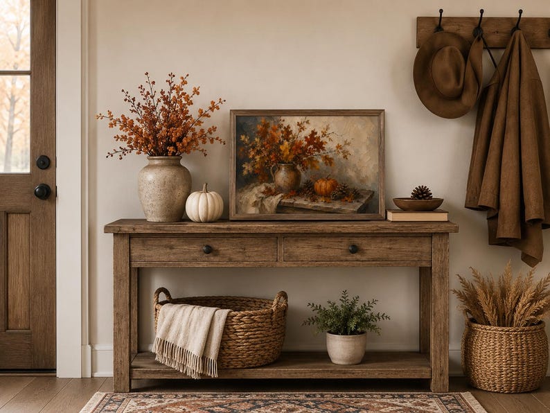 May include: A rustic wooden console table featuring a beige ceramic vase with orange autumn branches, a white pumpkin, and a framed painting of fall foliage. Below, a woven basket holds a cream throw, alongside a potted green plant.