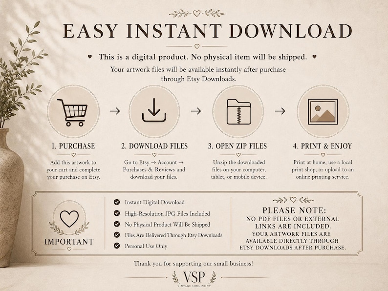 May include: An instructional graphic for a digital download featuring four steps: purchase, download files, open zip files, and print and enjoy. It includes icons for a shopping cart, download arrow, folder, and picture frame, with text detailing the process.