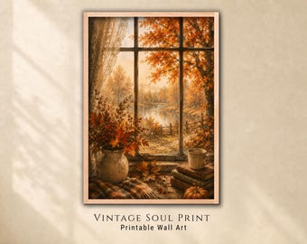 Cozy Autumn Window Print, Reading Nook Decor, Books Coffee (Digital Download)