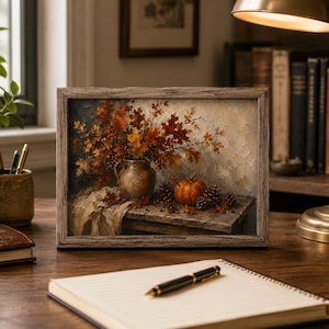 May include: A framed oil painting depicting a rustic still life scene with a ceramic pitcher filled with vibrant orange and brown autumn leaves, a small orange pumpkin, and pinecones resting on a weathered wooden table surface.