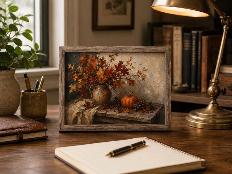 May include: A framed oil painting depicting a rustic still life scene with a ceramic pitcher filled with vibrant orange and brown autumn leaves, a small orange pumpkin, and pinecones resting on a weathered wooden table surface.