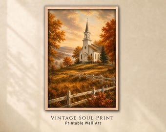 Autumn Church Print, Fall Landscape, Country Chapel Decor, Farmhouse Artwork (Digital Download)