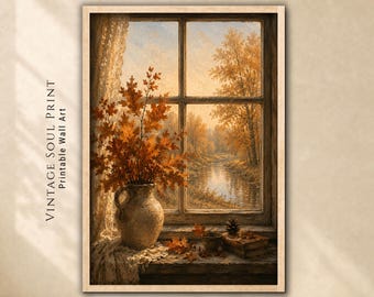 Cozy Autumn Window Landscape Print, Vintage Cottage Wall Art, Reading Nook Decor (Digital Download)