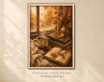 Fall Reading Nook Wall Art, Book Lover Decor, Dark Academia Print (Digital Download)