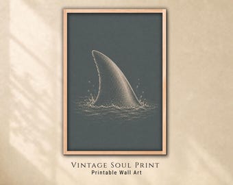 Shark Fin Wall Art, Vintage Ocean Engraving, Sage Green Coastal Decor, Digital Download
