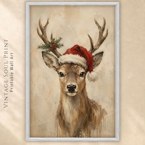 Illustration vintage de rennes de Noël, bonnet de Père Noël, houx, touches de baies (Téléchargement numérique)