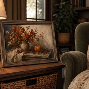 May include: A framed oil painting depicting a rustic autumn still life scene. The artwork features a ceramic pitcher filled with vibrant orange and brown maple leaves, a small orange pumpkin, and scattered pinecones on a wooden table surface.